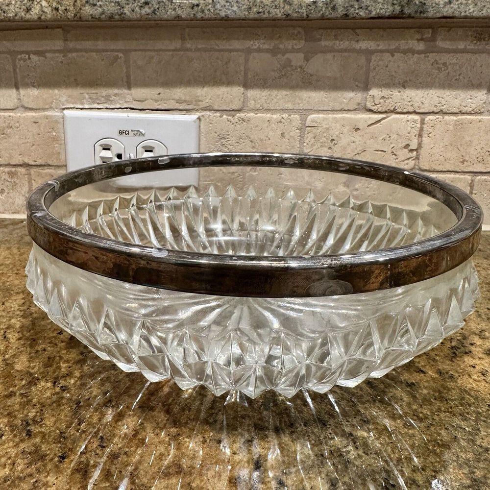 Vintage Crystal Candy Dish 8 Inch Fruit‎ Bowl Silverplate Rim Radiating MCM